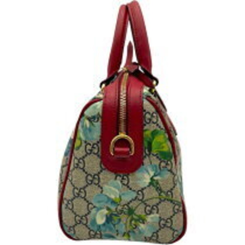 Gucci Leather Tan Bag Flower Blue Bloom Beige GG Canvas Coated Boston